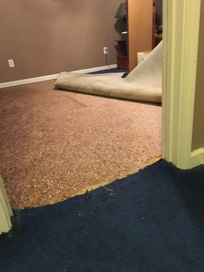 Carpet pad removal revealing water damage during Water Mitigation Services in Andover